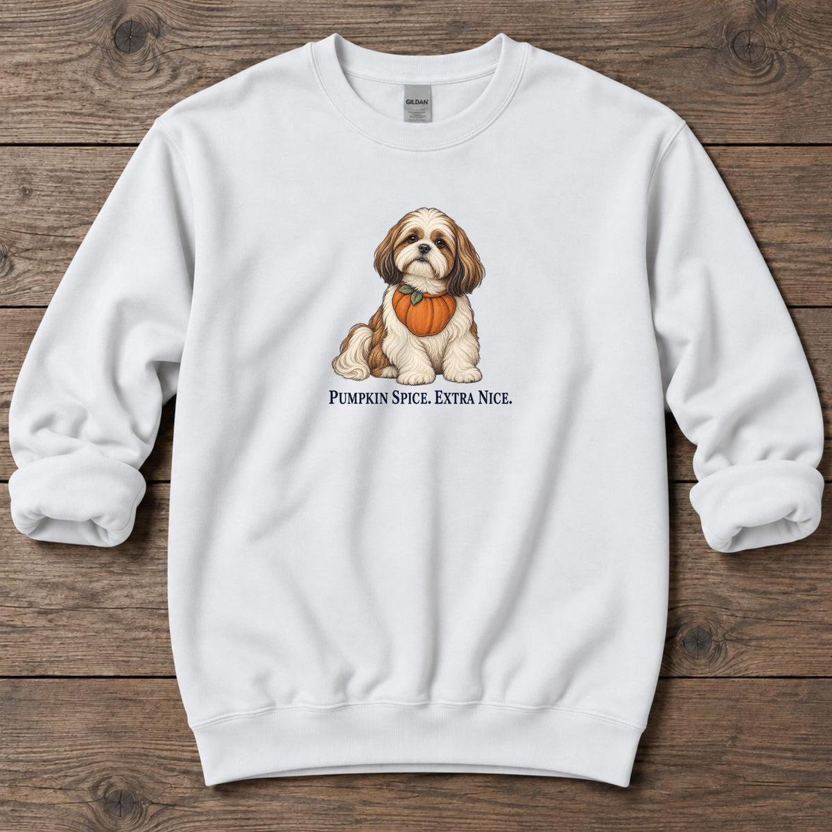 Pumpkin Spice Extra Nice Shih Tzu Midweight Sweatshirt in White, Salty Paws coastal sweatshirt