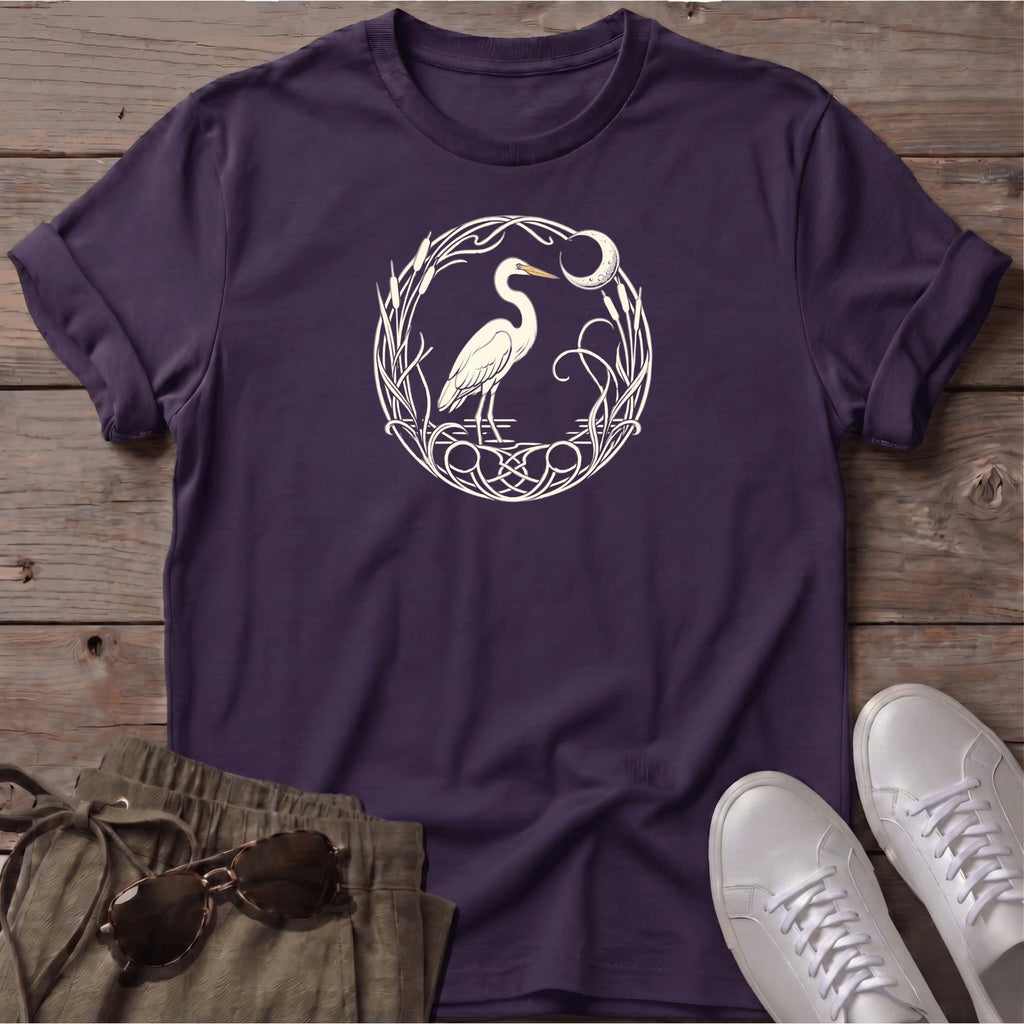 Egret Moon T-Shirt — Beach Line Art Tee - coastal bird graphic t-shirt, Salty Paws