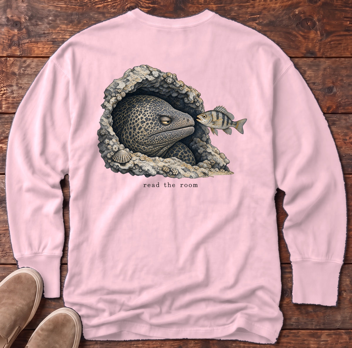 Read the Room Moray Eel Back Design Long Sleeve Tee Comfort Colors in Blossom, Salty Paws Comfort Colors Long Sleeve Tee, back design flat lay