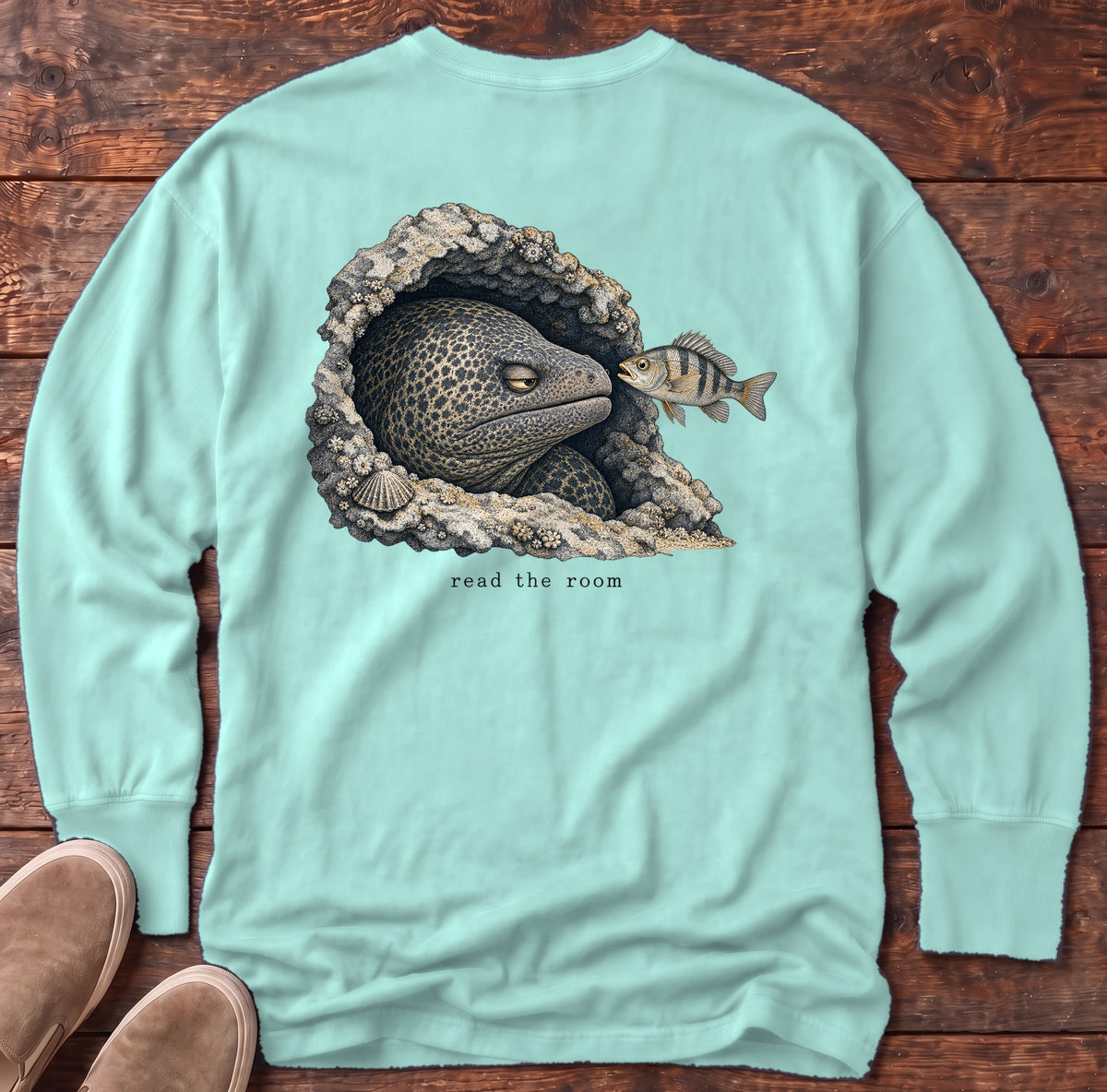 Read the Room Moray Eel Back Design Long Sleeve Tee Comfort Colors in Chalky Mint, Salty Paws Comfort Colors Long Sleeve Tee, back design flat lay