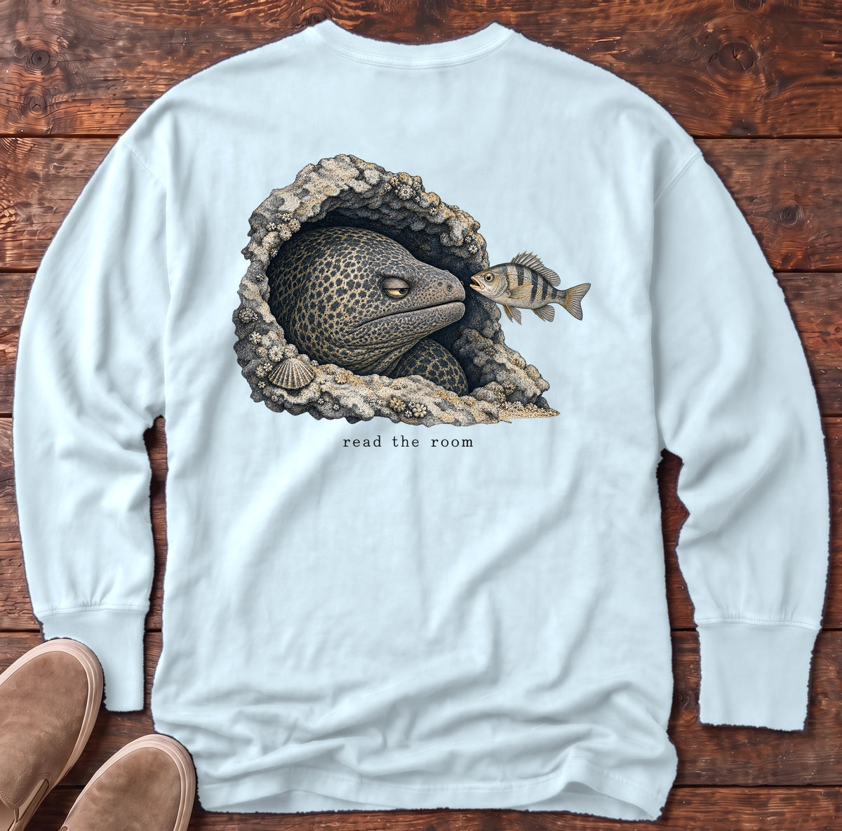 Read the Room Moray Eel Back Design Long Sleeve Tee Comfort Colors in Chambray, Salty Paws Comfort Colors Long Sleeve Tee, back design flat lay
