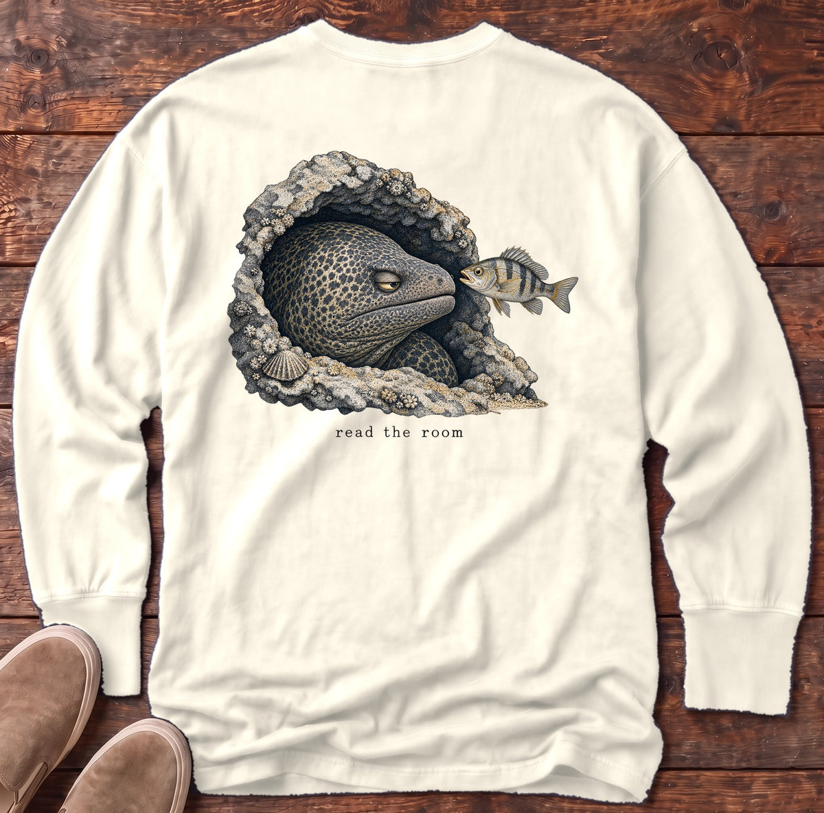 Read the Room Moray Eel Back Design Long Sleeve Tee Comfort Colors in Ivory, Salty Paws Comfort Colors Long Sleeve Tee, back design flat lay