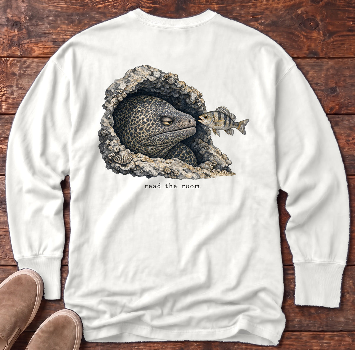 Read the Room Moray Eel Back Design Long Sleeve Tee Comfort Colors in White, Salty Paws Comfort Colors Long Sleeve Tee, back design flat lay