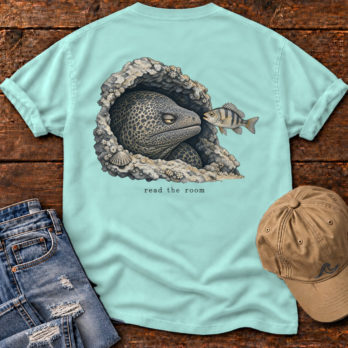 Read the Room Moray Eel Back Design T-Shirt Comfort Colors in Chalky Mint, Salty Paws Comfort Colors T-Shirt, back design flat lay
