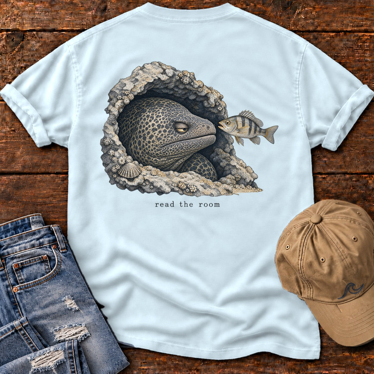 Read the Room Moray Eel Back Design T-Shirt Comfort Colors in Chambray, Salty Paws Comfort Colors T-Shirt, back design flat lay