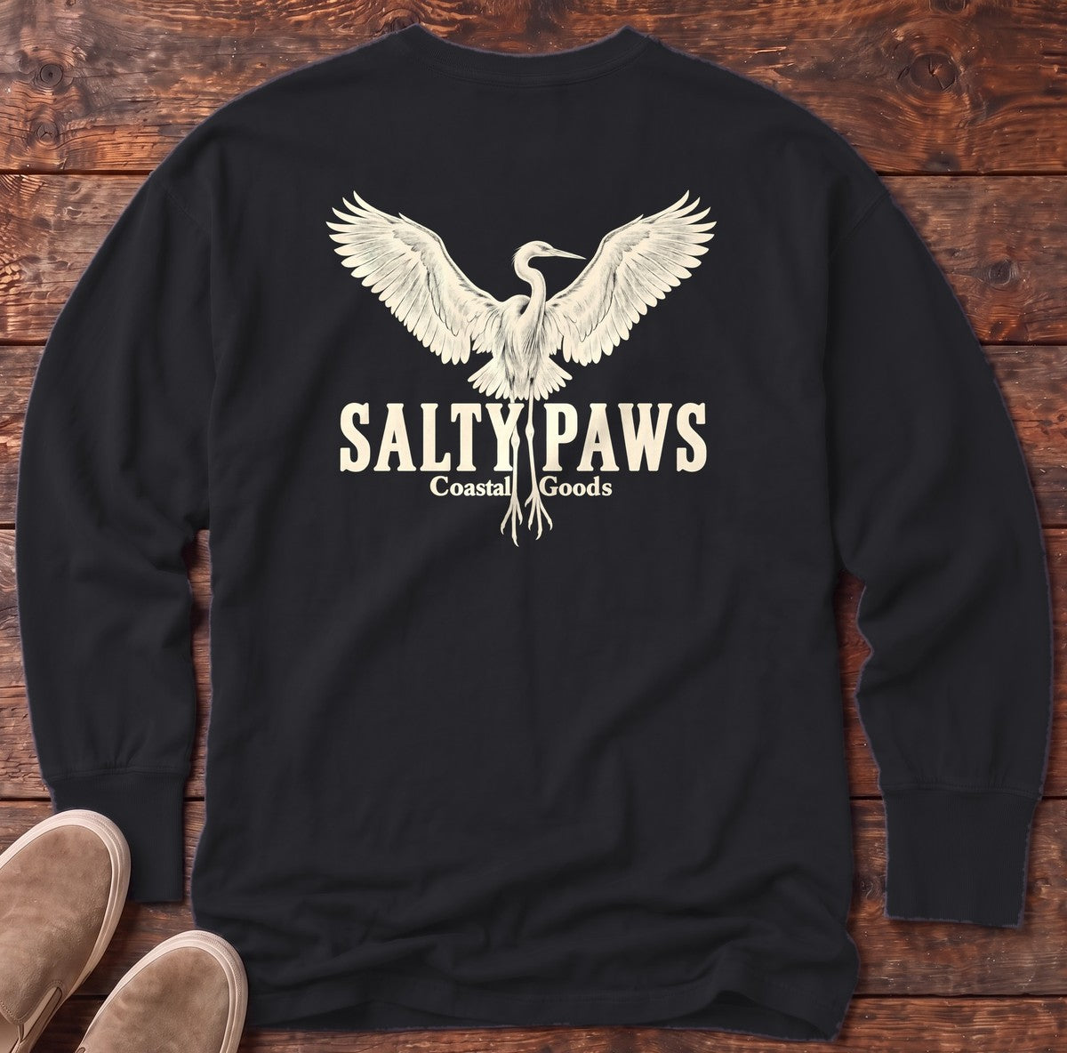 Rising Egret Salty Paws Coastal Goods Back Design Long Sleeve Tee in Black, Salty Paws Comfort Colors Long Sleeve Tee, back design flat lay