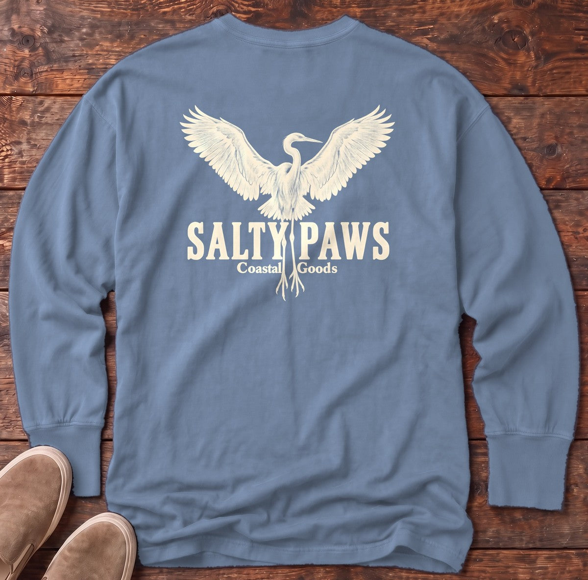 Rising Egret Salty Paws Coastal Goods Back Design Long Sleeve Tee in Blue Jean, Salty Paws Comfort Colors Long Sleeve Tee, back design flat lay