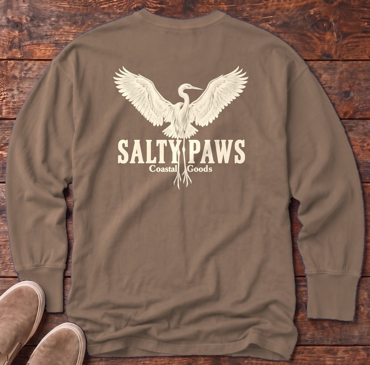 Rising Egret Salty Paws Coastal Goods Back Design Long Sleeve Tee in Espresso, Salty Paws Comfort Colors Long Sleeve Tee, back design flat lay