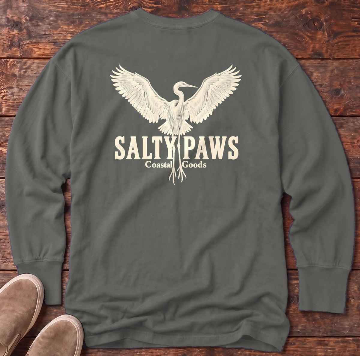 Rising Egret Salty Paws Coastal Goods Back Design Long Sleeve Tee in Pepper, Salty Paws Comfort Colors Long Sleeve Tee, back design flat lay