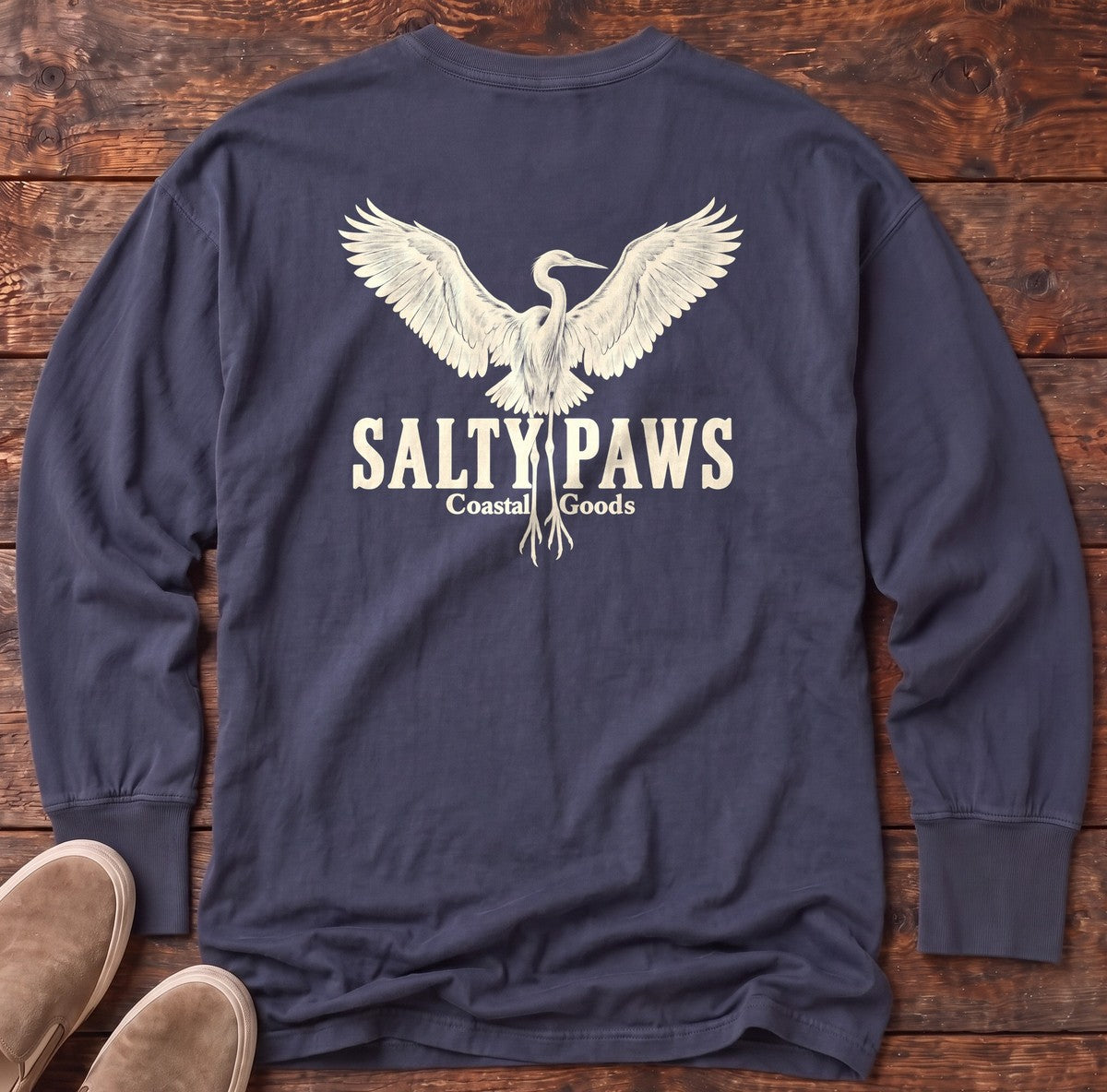 Rising Egret Salty Paws Coastal Goods Back Design Long Sleeve Tee in True Navy, Salty Paws Comfort Colors Long Sleeve Tee, back design flat lay