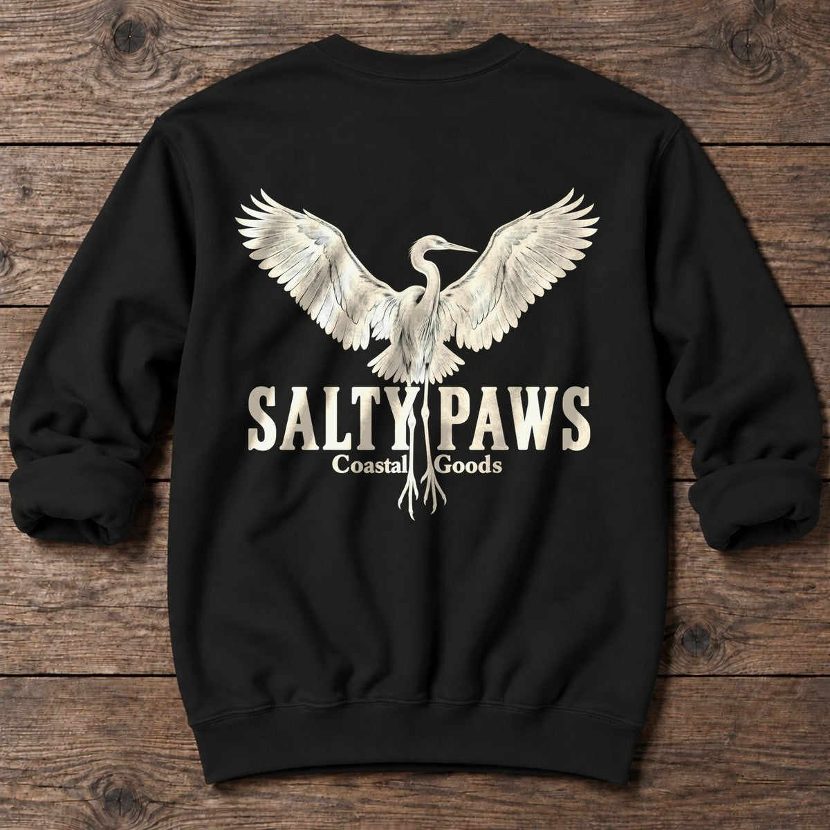 Rising Egret Salty Paws Coastal Goods Back Design Midweight Sweatshirt in Black, Salty Paws Midweight Sweatshirt, back design flat lay