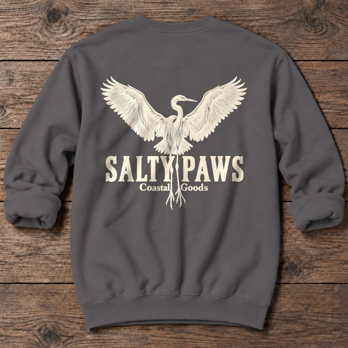 Rising Egret Salty Paws Coastal Goods Back Design Midweight Sweatshirt in Charcoal, Salty Paws Midweight Sweatshirt, back design flat lay