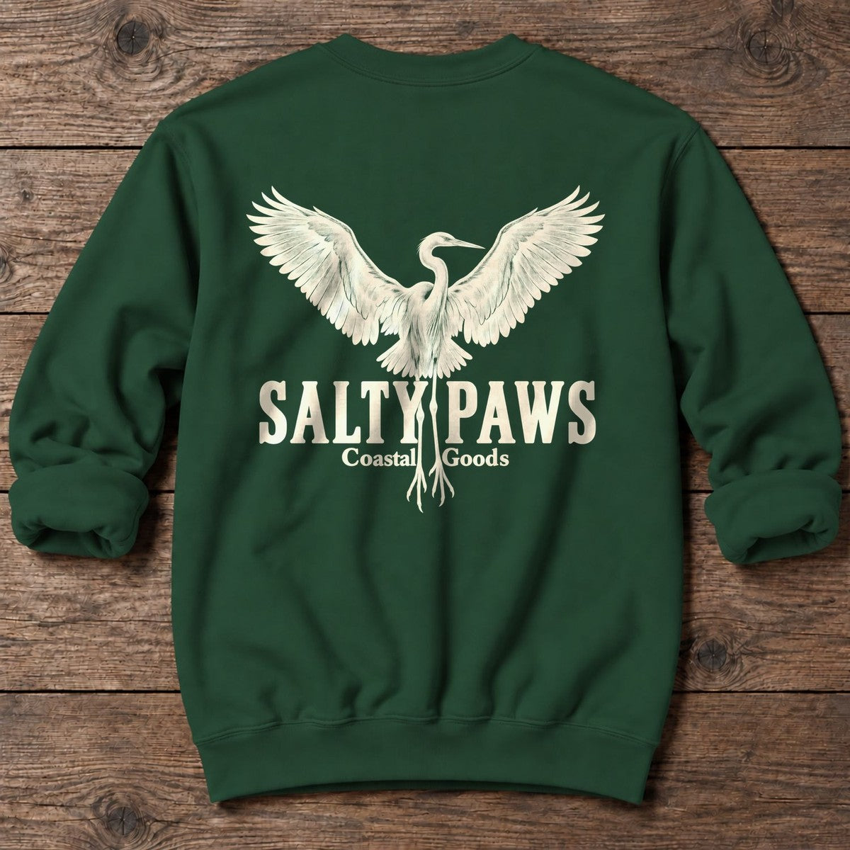 Rising Egret Salty Paws Coastal Goods Back Design Midweight Sweatshirt in Forest Green, Salty Paws Midweight Sweatshirt, back design flat lay