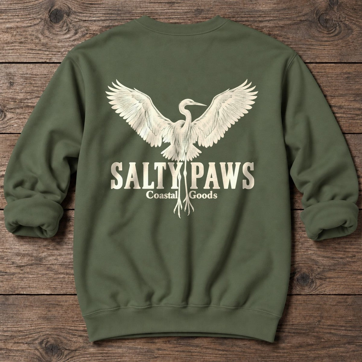 Rising Egret Salty Paws Coastal Goods Back Design Midweight Sweatshirt in Military Green, Salty Paws Midweight Sweatshirt, back design flat lay