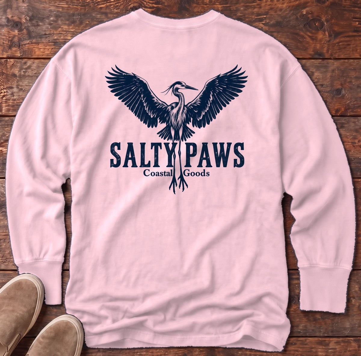 Rising Heron Salty Paws Coastal Goods Back Design Long Sleeve Tee in Blossom, Salty Paws Comfort Colors Long Sleeve Tee, back design flat lay