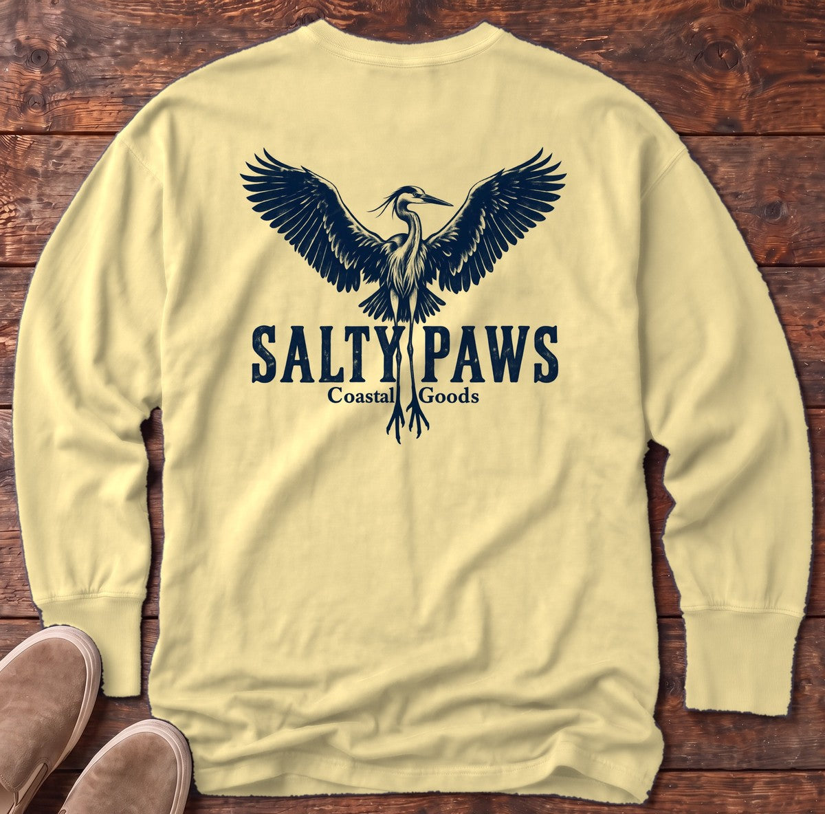 Rising Heron Salty Paws Coastal Goods Back Design Long Sleeve Tee in Butter, Salty Paws Comfort Colors Long Sleeve Tee, back design flat lay