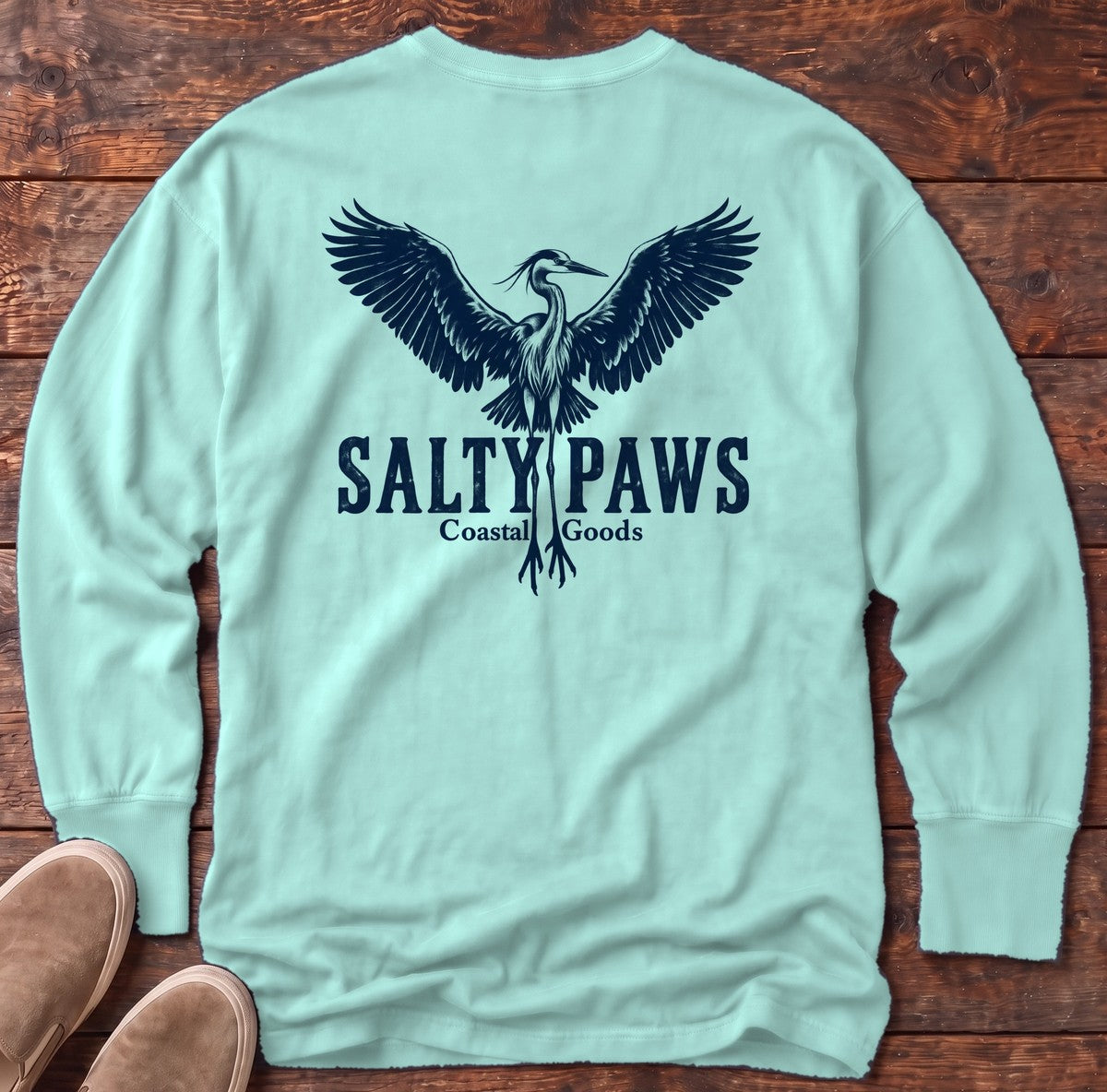 Rising Heron Salty Paws Coastal Goods Back Design Long Sleeve Tee in Chalky Mint, Salty Paws Comfort Colors Long Sleeve Tee, back design flat lay