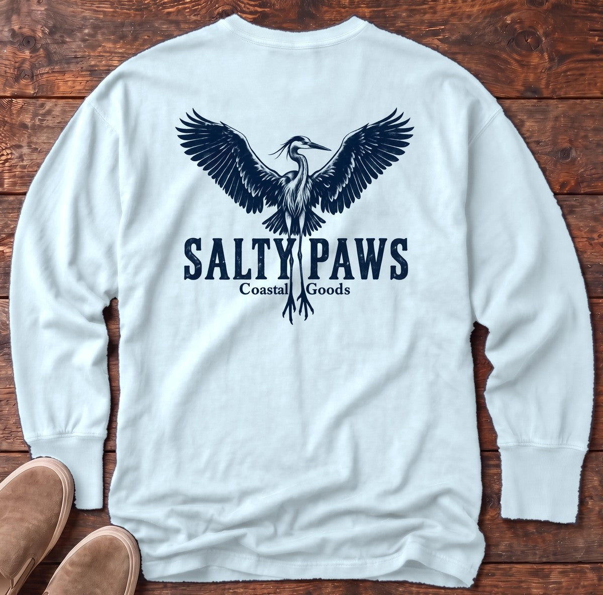 Rising Heron Salty Paws Coastal Goods Back Design Long Sleeve Tee in Chambray, Salty Paws Comfort Colors Long Sleeve Tee, back design flat lay