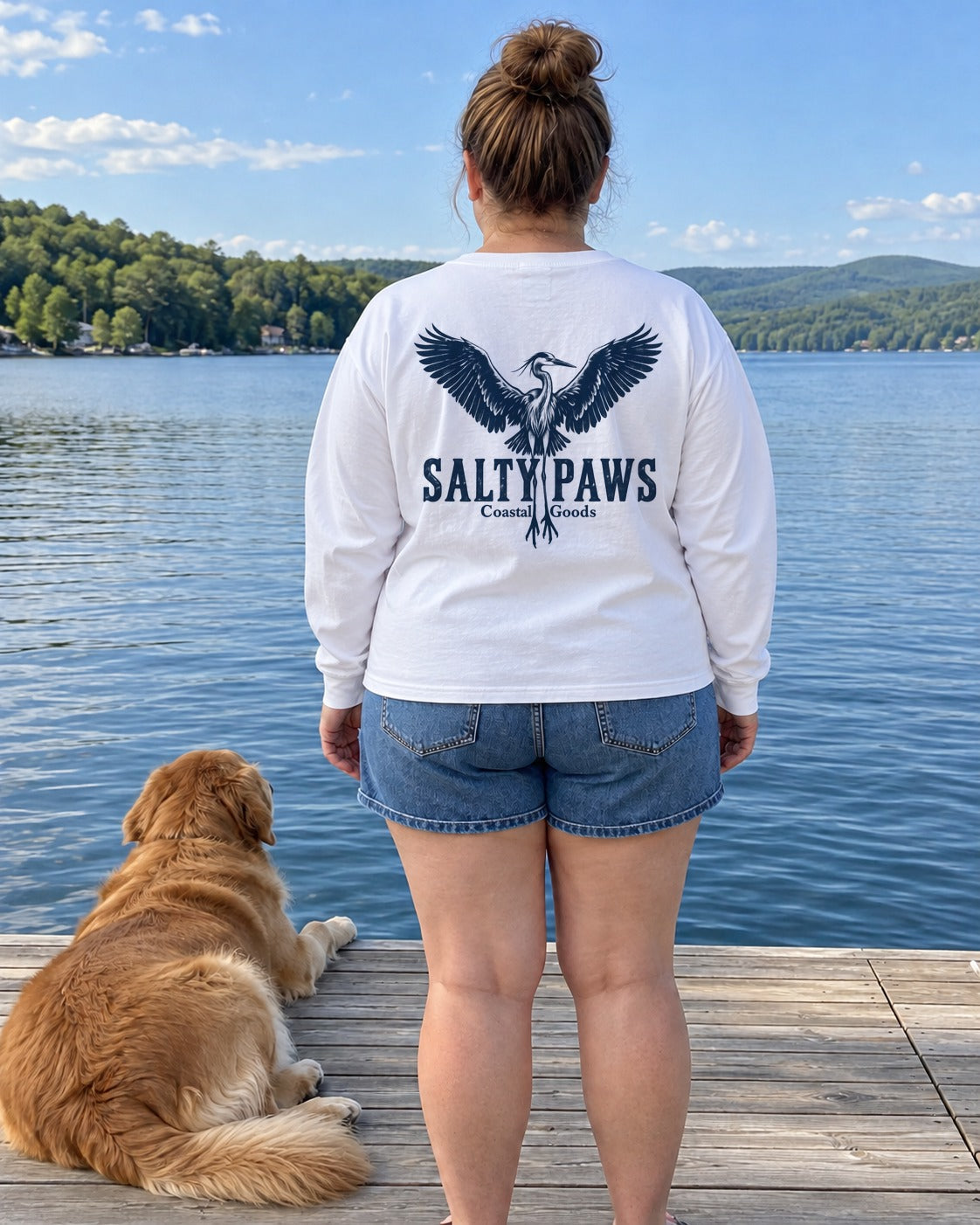 Rising Heron Salty Paws Coastal Goods Back Design Long Sleeve Tee in White, worn by a model, Salty Paws back design