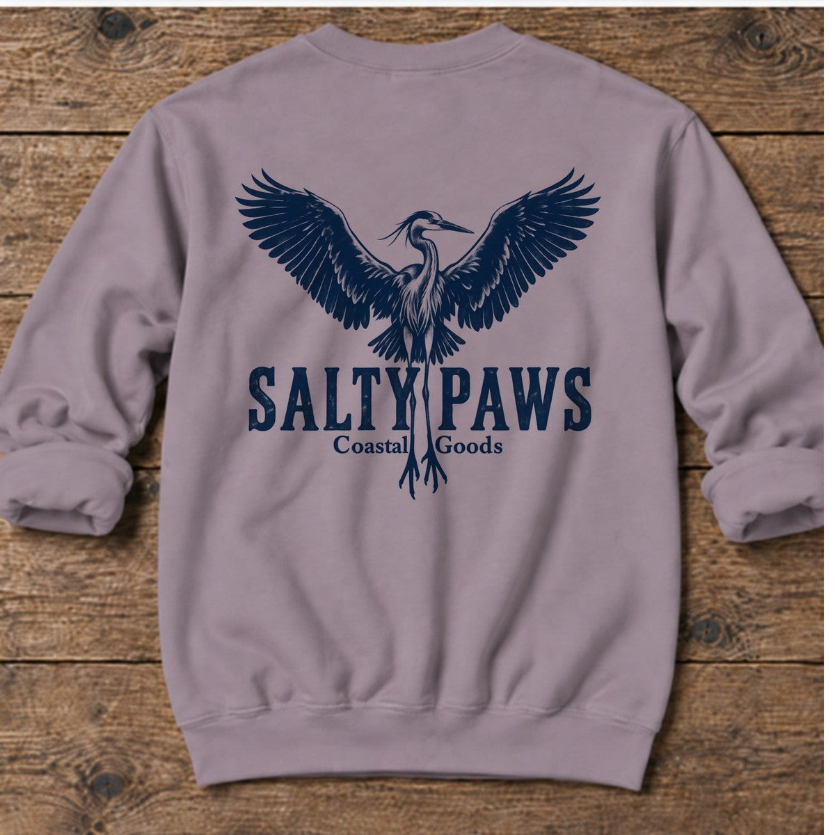 Rising Heron Salty Paws Coastal Goods Back Design Midweight Sweatshirt in Paragon, Salty Paws Midweight Sweatshirt, back design flat lay