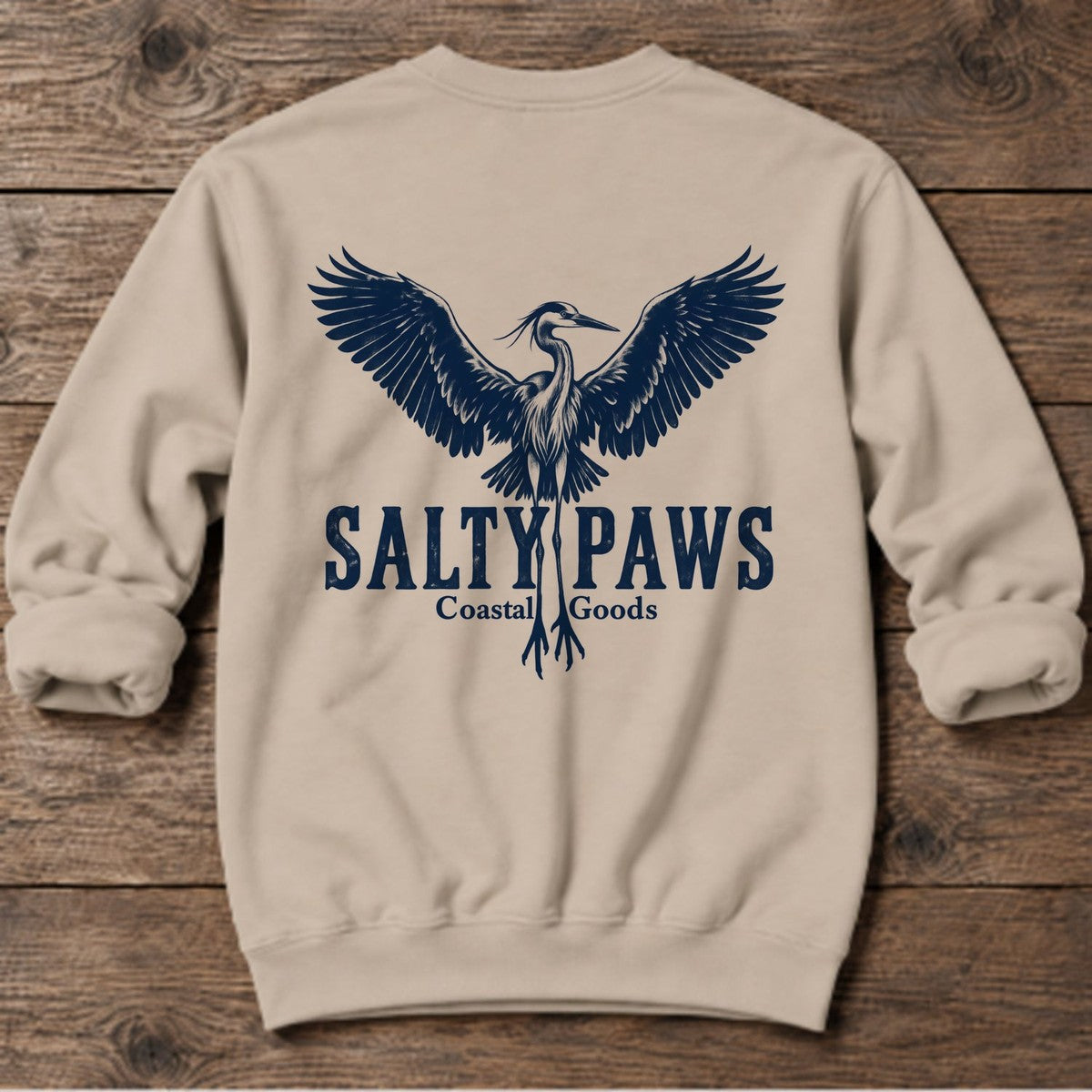 Rising Heron Salty Paws Coastal Goods Back Design Midweight Sweatshirt in Sand, Salty Paws Midweight Sweatshirt, back design flat lay