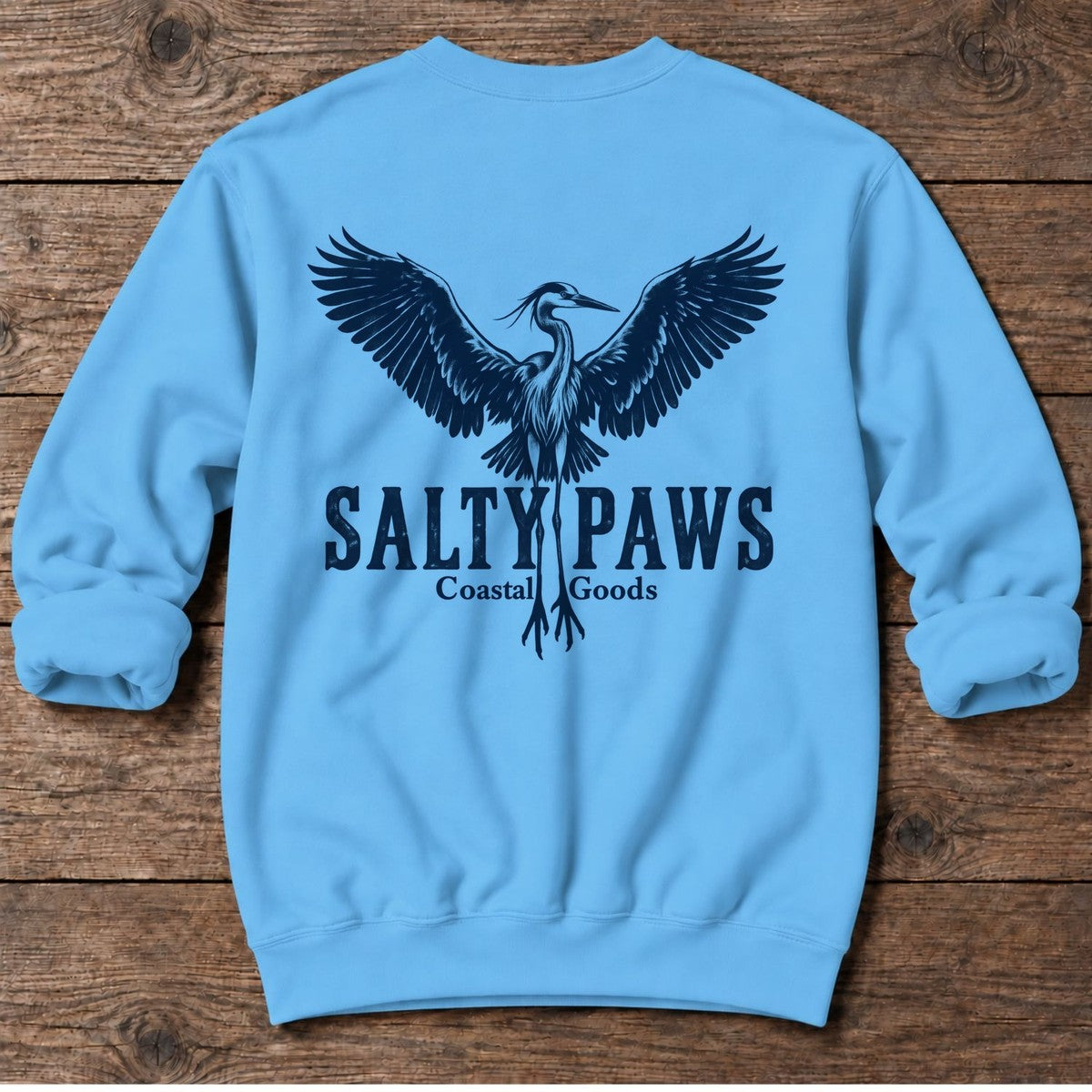 Rising Heron Salty Paws Coastal Goods Back Design Midweight Sweatshirt in Sky, Salty Paws Midweight Sweatshirt, back design flat lay