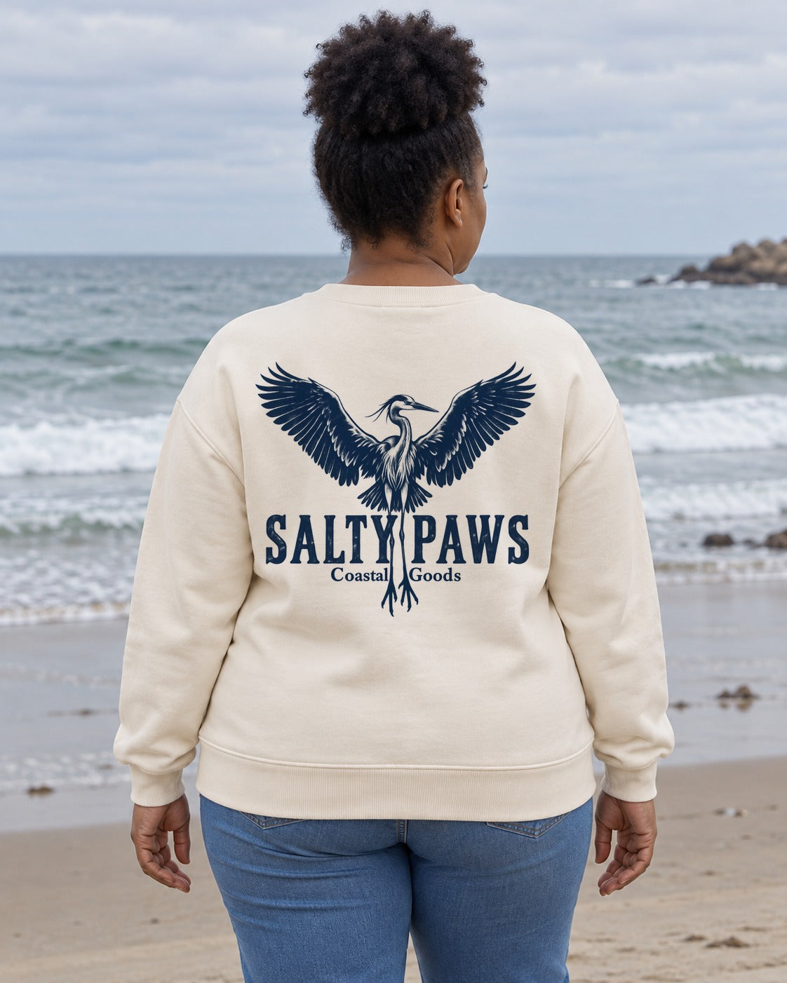 Rising Heron Salty Paws Coastal Goods Back Design Midweight Sweatshirt in White, worn by a model, Salty Paws back design