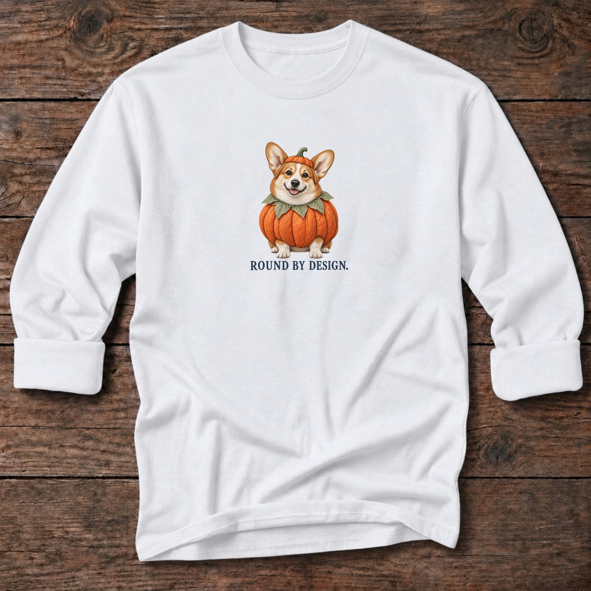 Round by Design Pumpkin Corgi Long T-Shirt in White, Salty Paws coastal long sleeve tee