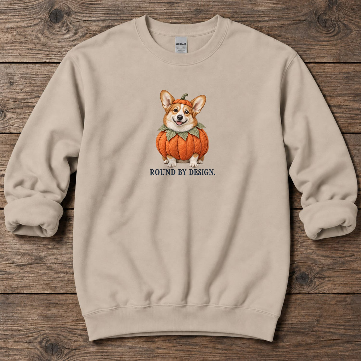 Round by Design Pumpkin Corgi Midweight Sweatshirt in Sand, Salty Paws coastal sweatshirt