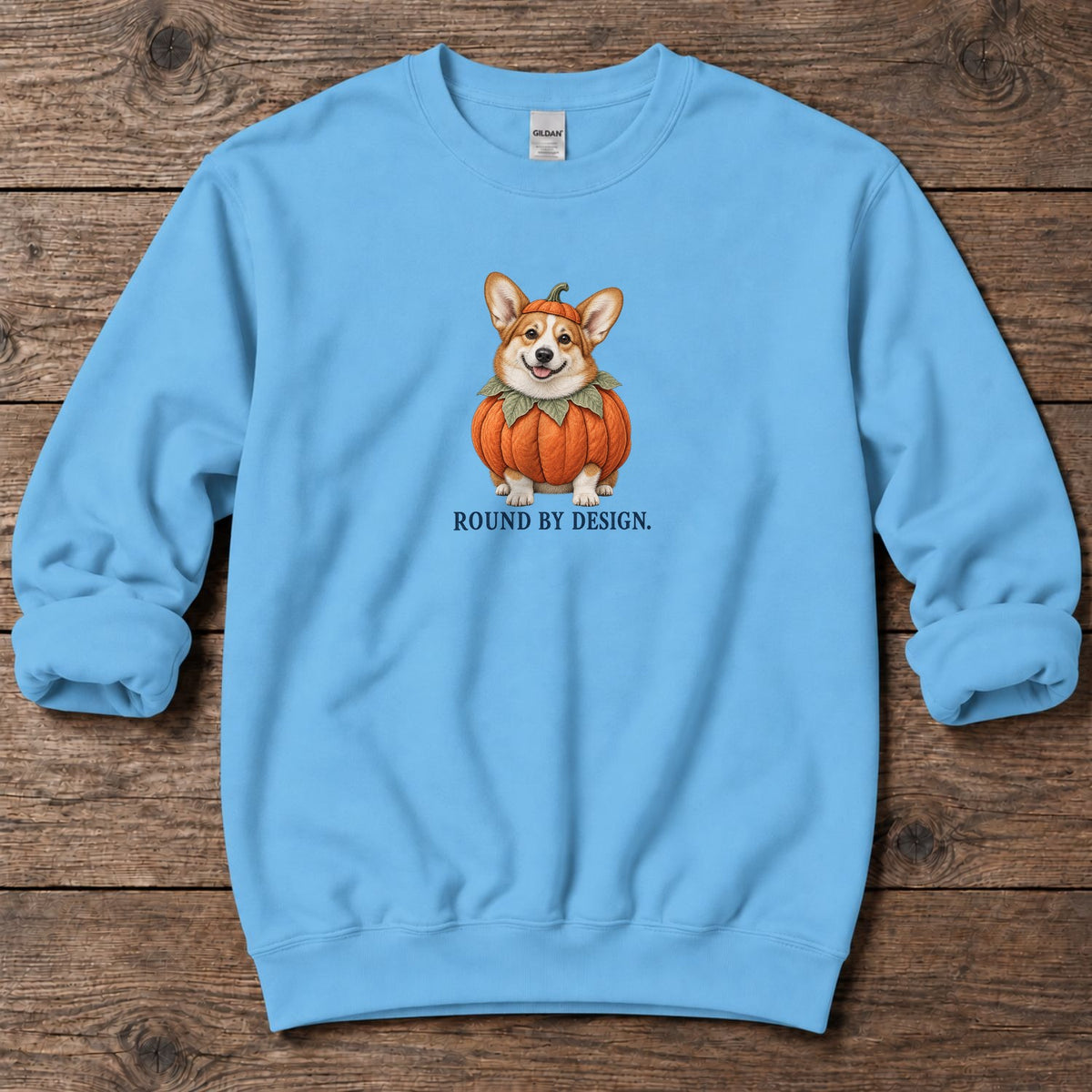 Round by Design Pumpkin Corgi Midweight Sweatshirt in Sky, Salty Paws coastal sweatshirt