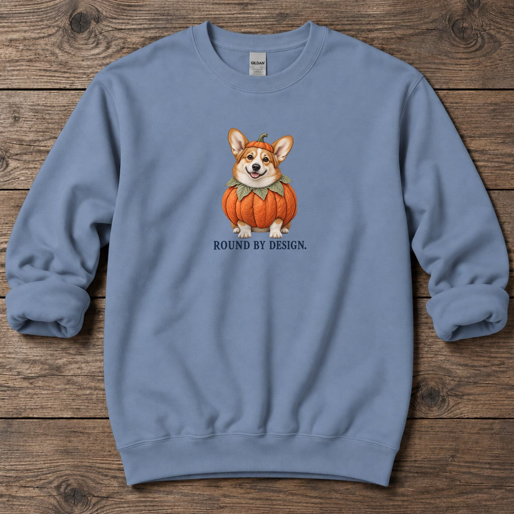 Round by Design Pumpkin Corgi Midweight Sweatshirt in Stone Blue, Salty Paws coastal sweatshirt