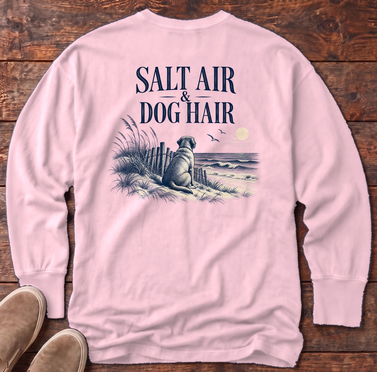 Salt Air & Dog Hair Labrador Back Design Long Sleeve Tee Comfort Colors in Blossom, Salty Paws Comfort Colors Long Sleeve Tee, back design flat lay