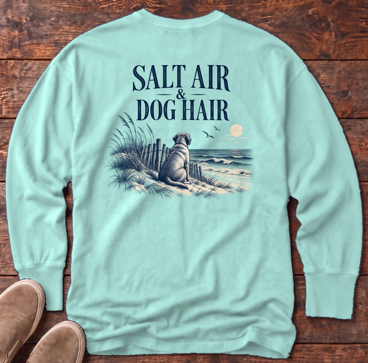 Salt Air & Dog Hair Labrador Back Design Long Sleeve Tee Comfort Colors in Chalky Mint, Salty Paws Comfort Colors Long Sleeve Tee, back design flat lay
