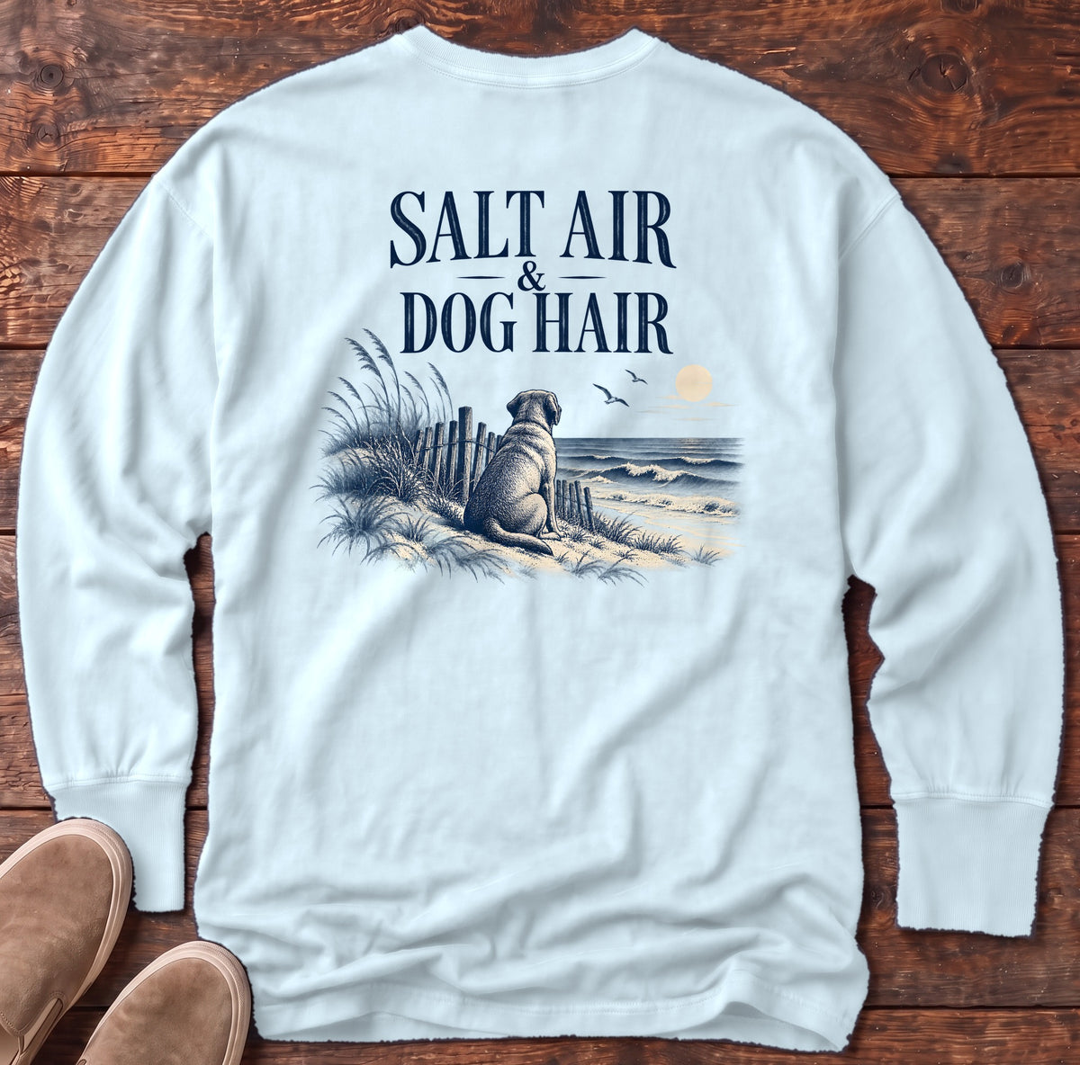 Salt Air & Dog Hair Labrador Back Design Long Sleeve Tee Comfort Colors in Chambray, Salty Paws Comfort Colors Long Sleeve Tee, back design flat lay