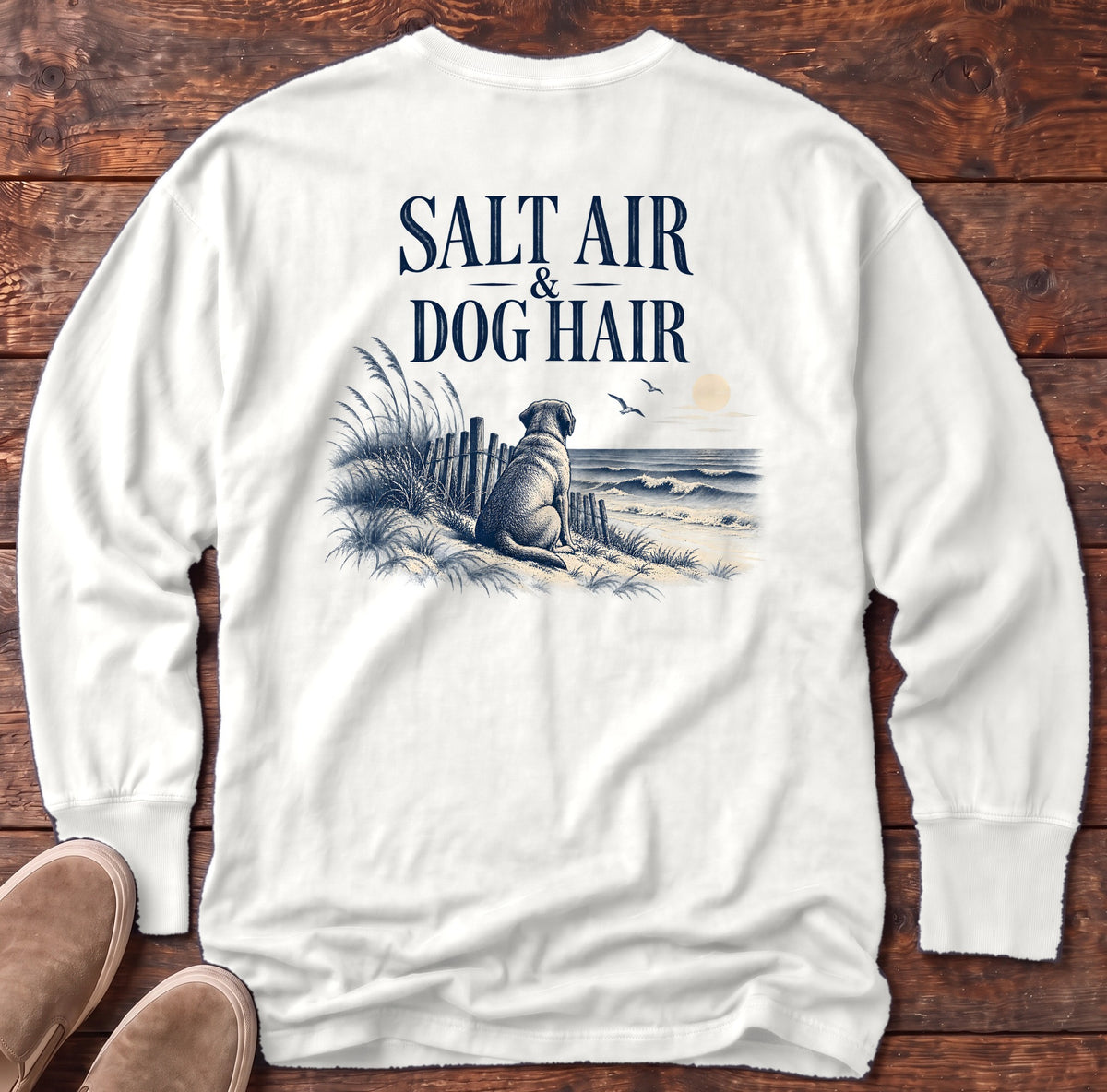 Salt Air & Dog Hair Labrador Back Design Long Sleeve Tee Comfort Colors in White, Salty Paws Comfort Colors Long Sleeve Tee, back design flat lay