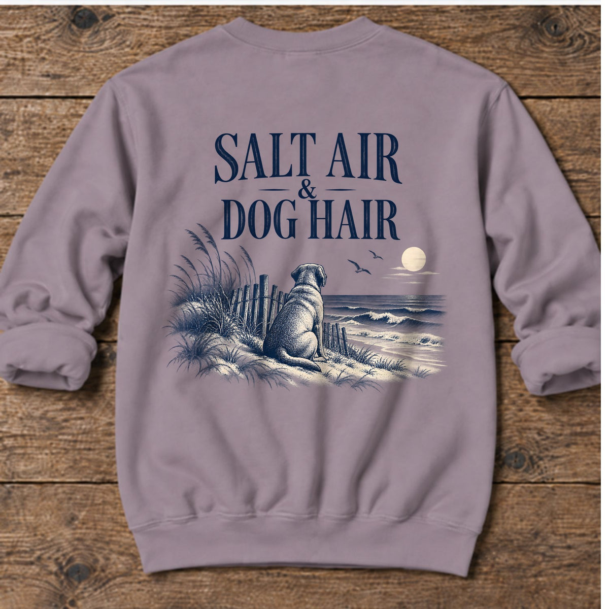 Salt Air & Dog Hair Labrador Back Design Midweight Sweatshirt in Paragon, Salty Paws Midweight Sweatshirt, back design flat lay