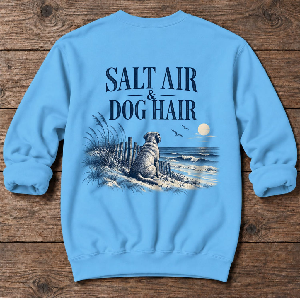 Salt Air & Dog Hair Labrador Back Design Midweight Sweatshirt in Sky, Salty Paws Midweight Sweatshirt, back design flat lay