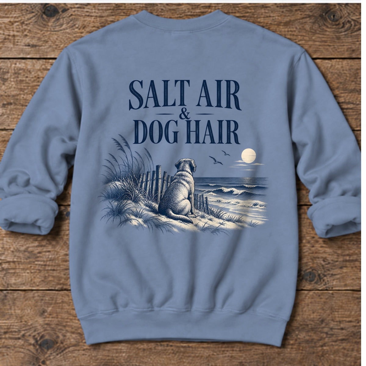 Salt Air & Dog Hair Labrador Back Design Midweight Sweatshirt in Stone Blue, Salty Paws Midweight Sweatshirt, back design flat lay