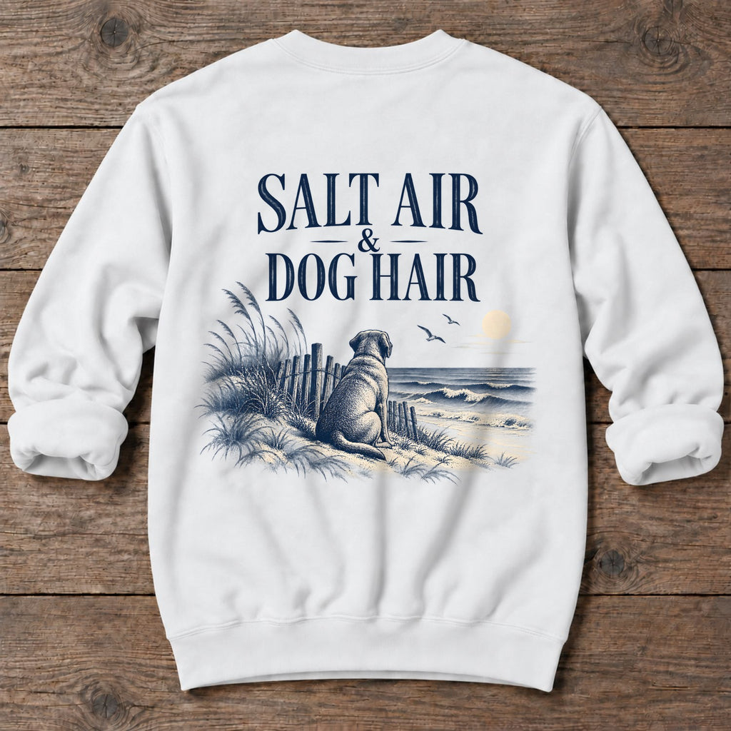 Salt Air & Dog Hair Labrador Back Design Midweight Sweatshirt in White, Salty Paws Midweight Sweatshirt, back design flat lay
