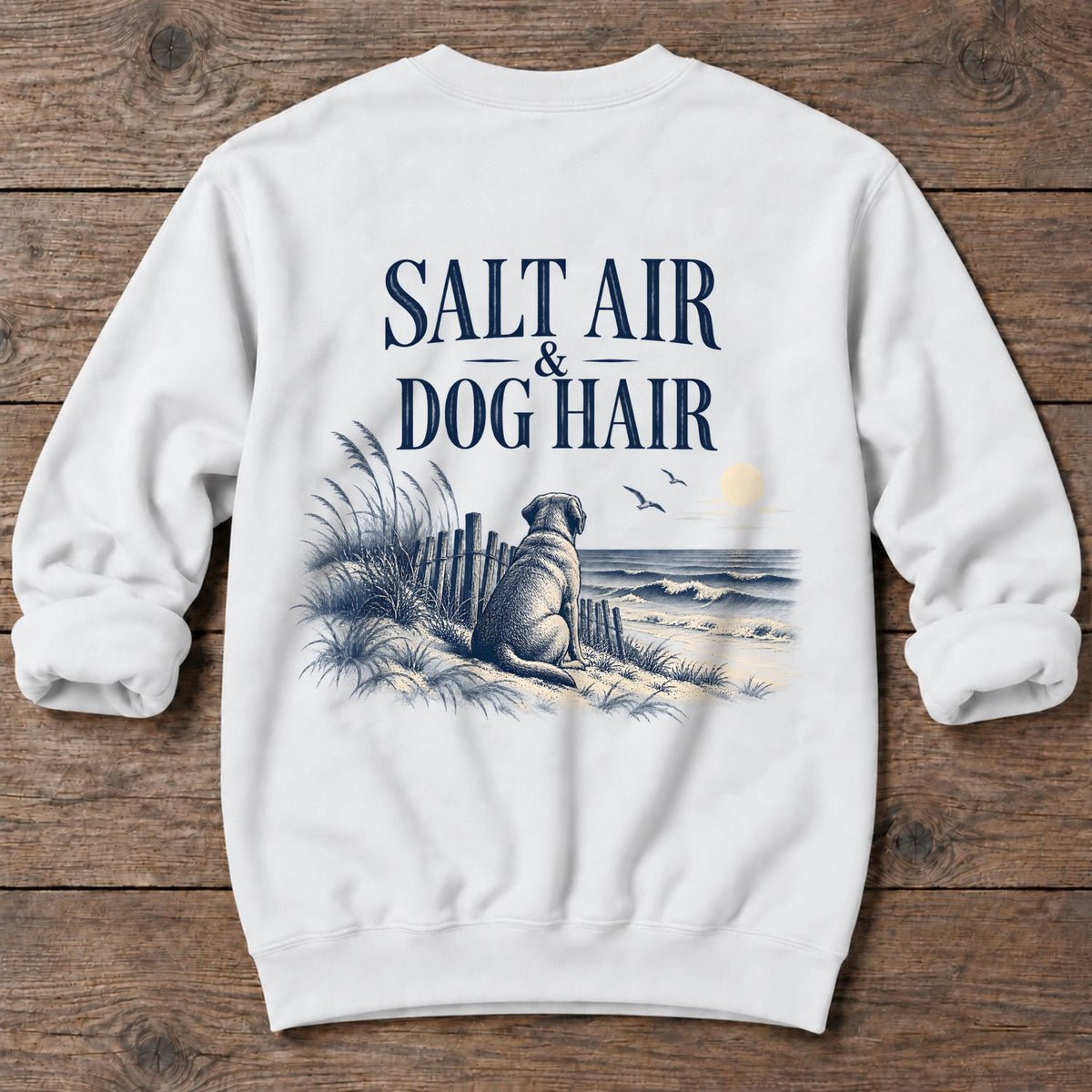 Salt Air & Dog Hair Labrador Back Design Midweight Sweatshirt in White, Salty Paws Midweight Sweatshirt, back design flat lay