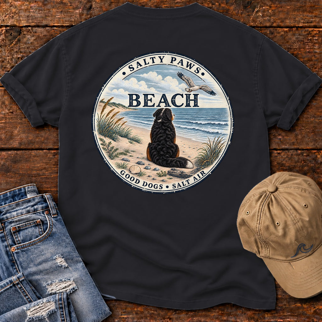 Salty Paws Beach Bernese Back Design T-Shirt in Black, Salty Paws Comfort Colors T-Shirt, back design flat lay