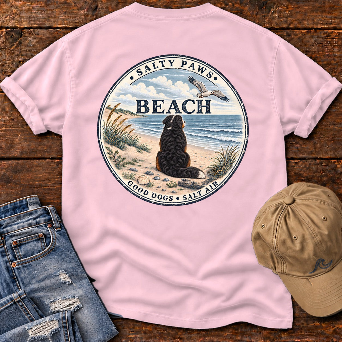 Salty Paws Beach Bernese Back Design T-Shirt in Blossom, Salty Paws Comfort Colors T-Shirt, back design flat lay