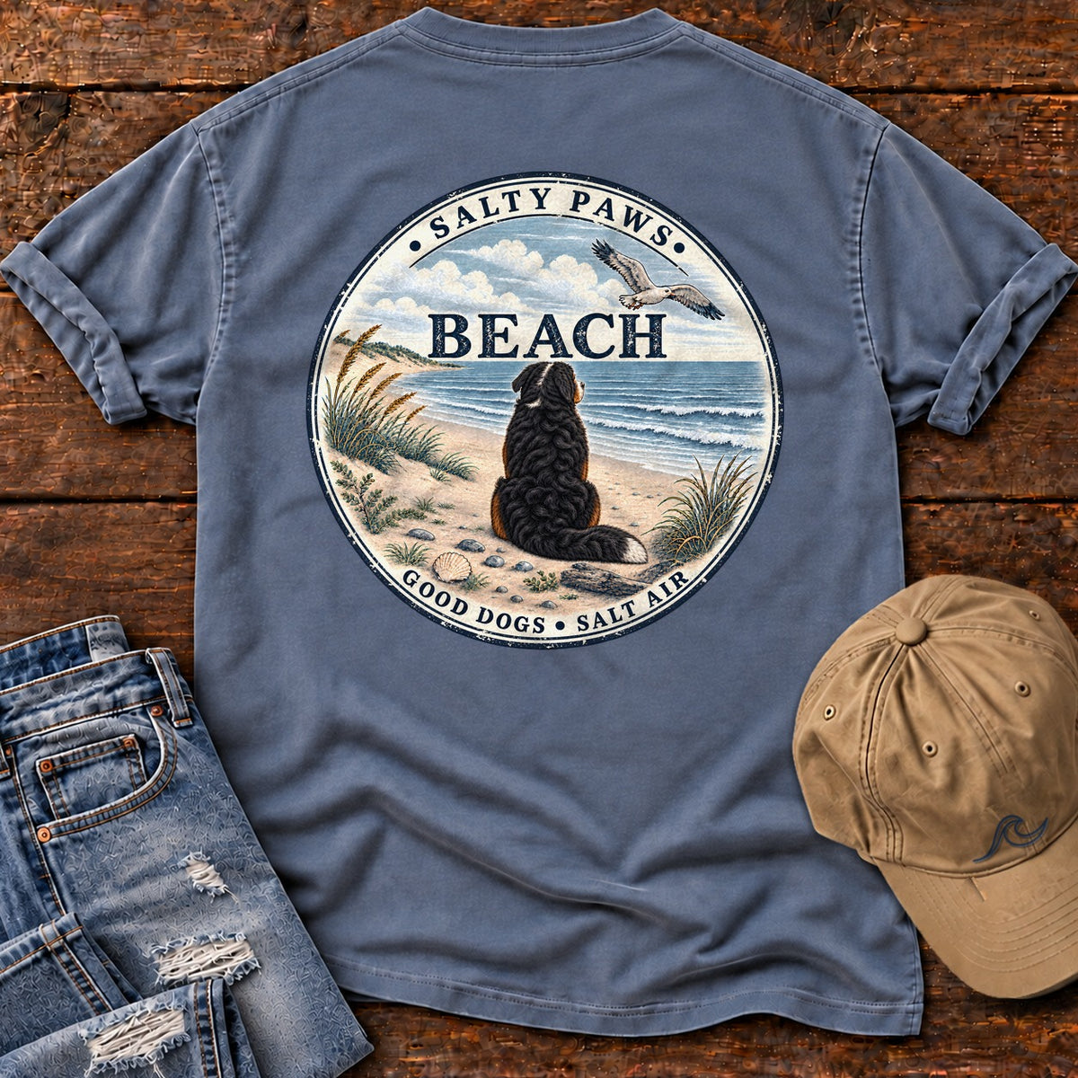 Salty Paws Beach Bernese Back Design T-Shirt in Blue Jean, Salty Paws Comfort Colors T-Shirt, back design flat lay
