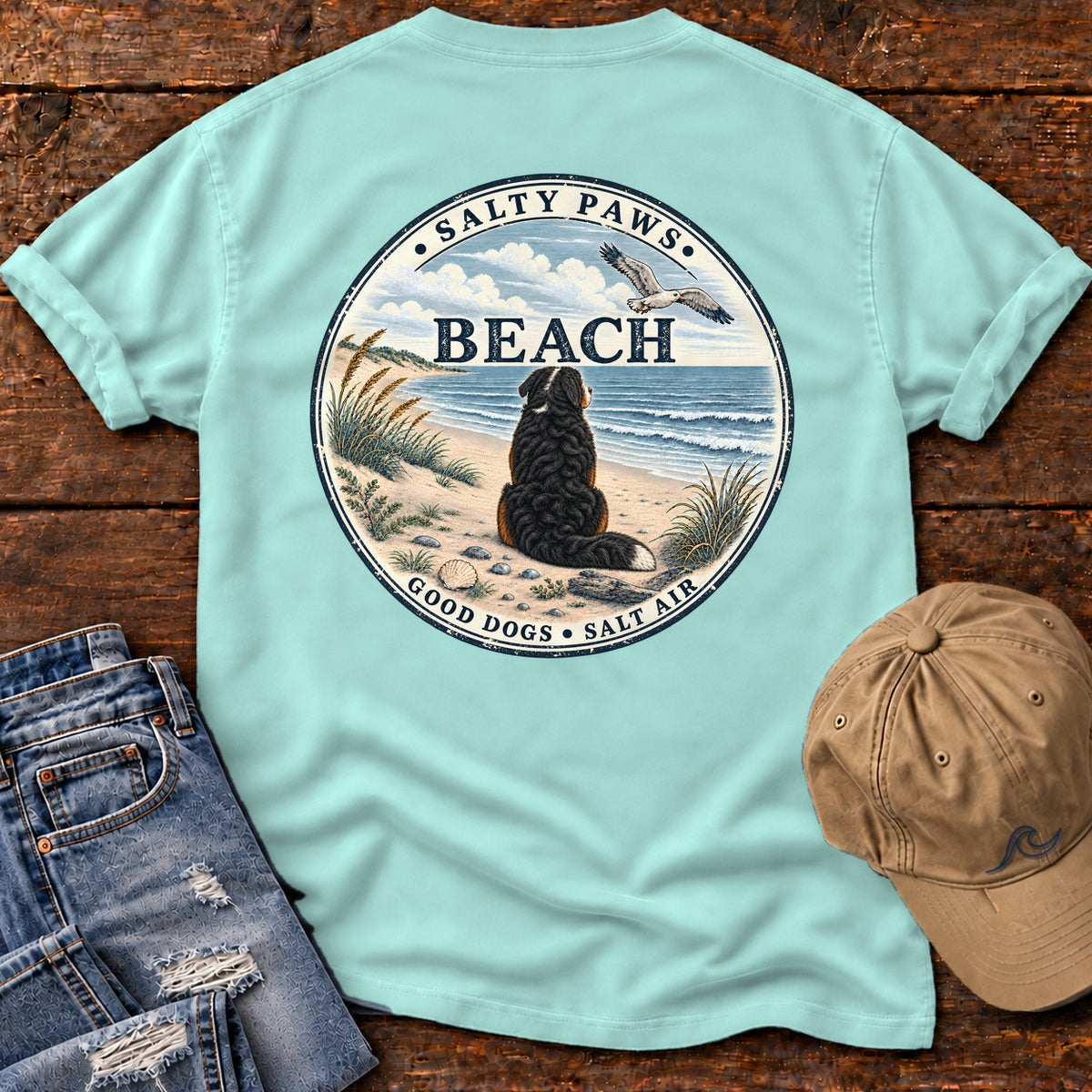 Salty Paws Beach Bernese Back Design T-Shirt in Chalky Mint, Salty Paws Comfort Colors T-Shirt, back design flat lay
