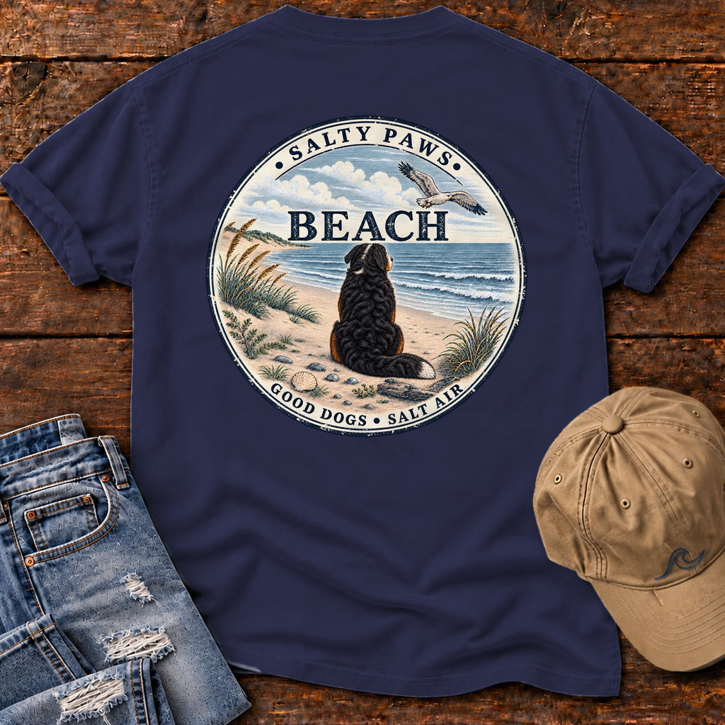 Salty Paws Beach Bernese Back Design T-Shirt in True Navy, Salty Paws Comfort Colors T-Shirt, back design flat lay