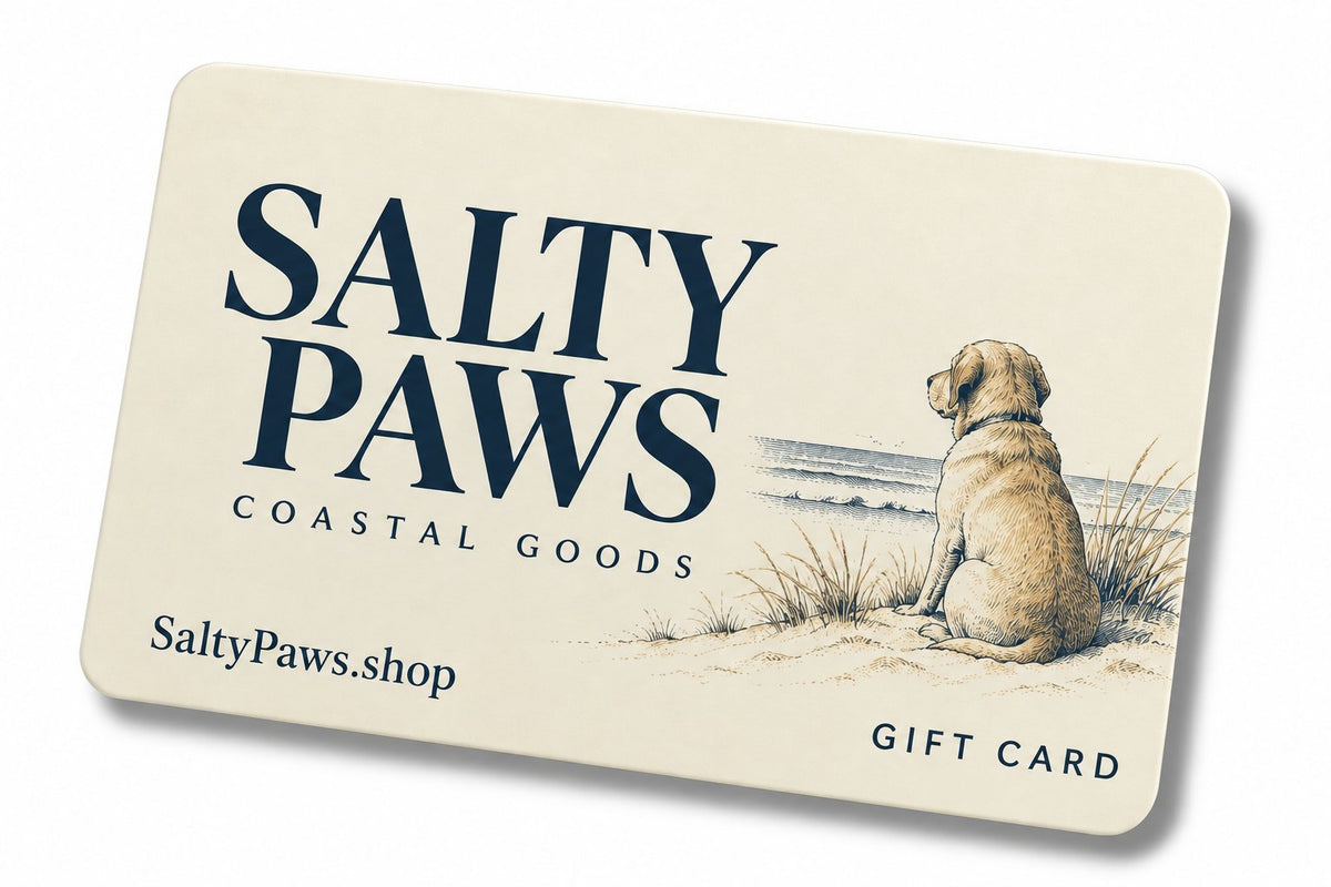 Salty Paws gift card with a Labrador sitting in the dunes looking out at the sea
