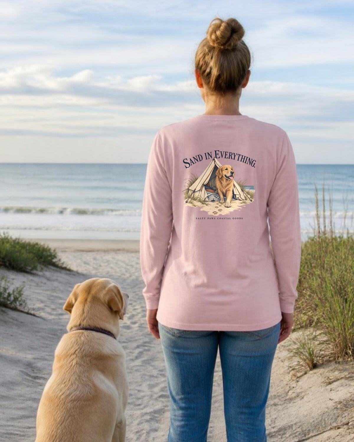Sand in Everything Golden Retriever Salty Paws Coastal Goods Back Design Long Sleeve Tee in Blossom, worn by a model, Salty Paws back design