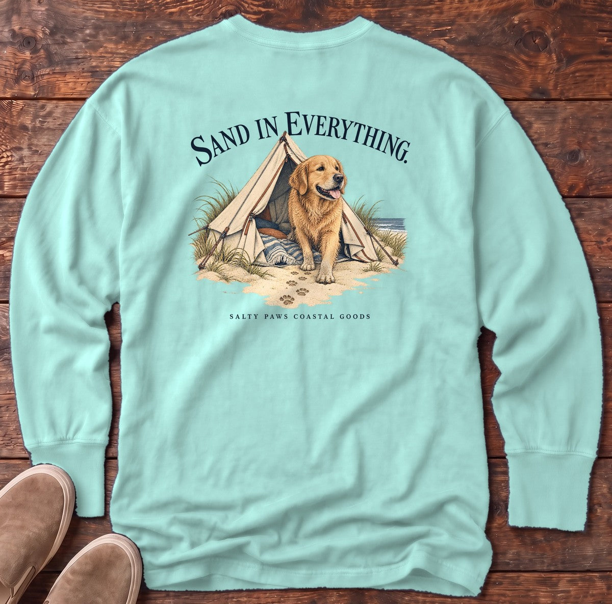 Sand in Everything Golden Retriever Salty Paws Coastal Goods Back Design Long Sleeve Tee in Chalky Mint, Salty Paws Comfort Colors Long Sleeve Tee, back design flat lay