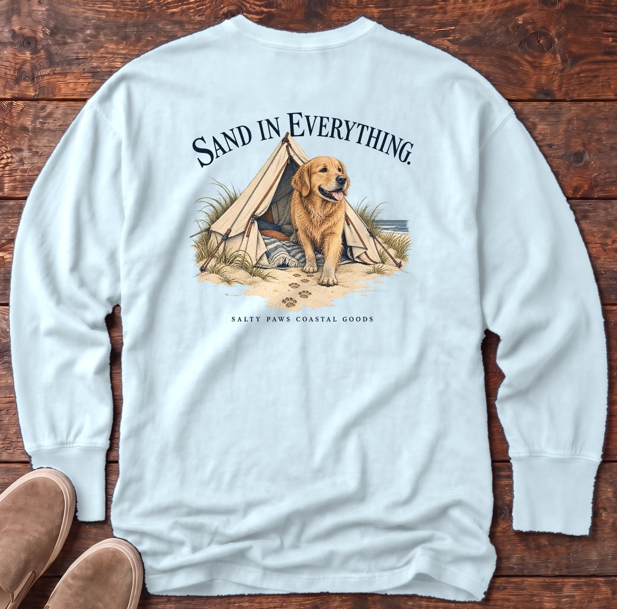 Sand in Everything Golden Retriever Salty Paws Coastal Goods Back Design Long Sleeve Tee in Chambray, Salty Paws Comfort Colors Long Sleeve Tee, back design flat lay