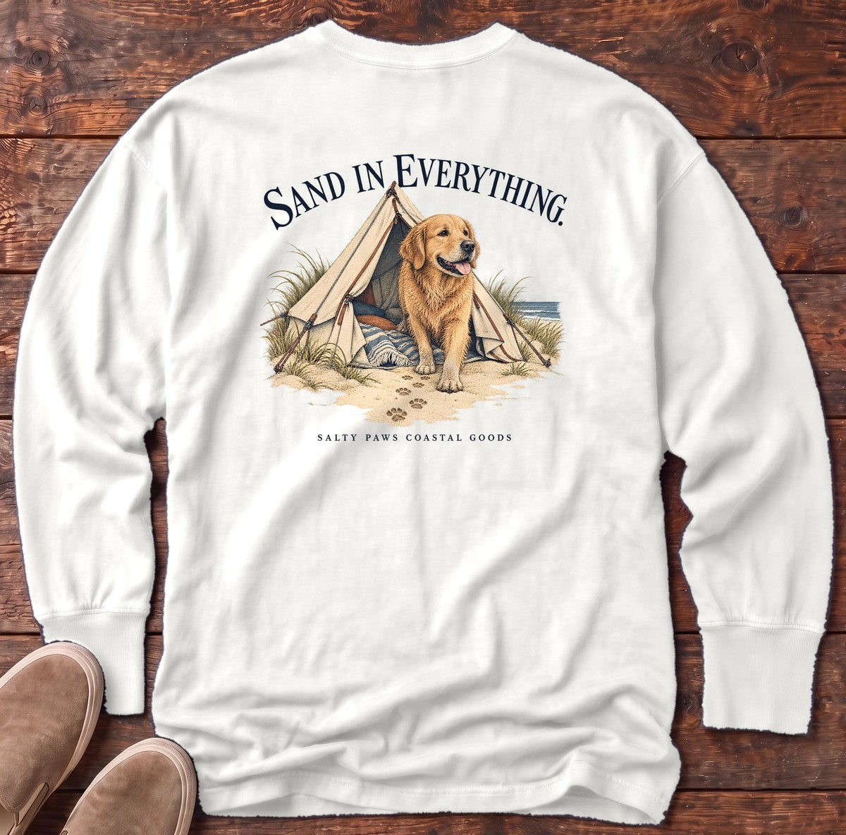 Sand in Everything Golden Retriever Salty Paws Coastal Goods Back Design Long Sleeve Tee in White, Salty Paws Comfort Colors Long Sleeve Tee, back design flat lay
